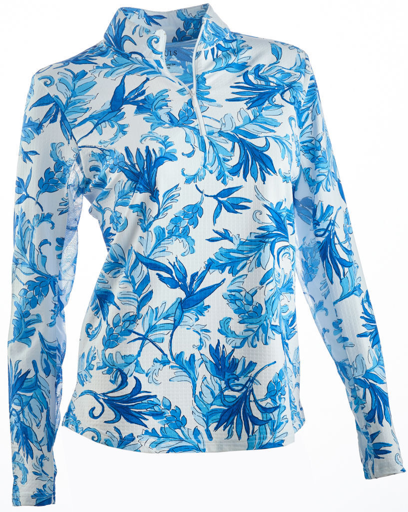 NWT Ladies ICIKULS Blue Birds of Paradise Long Sleeve Mock Golf Shirt – size XL