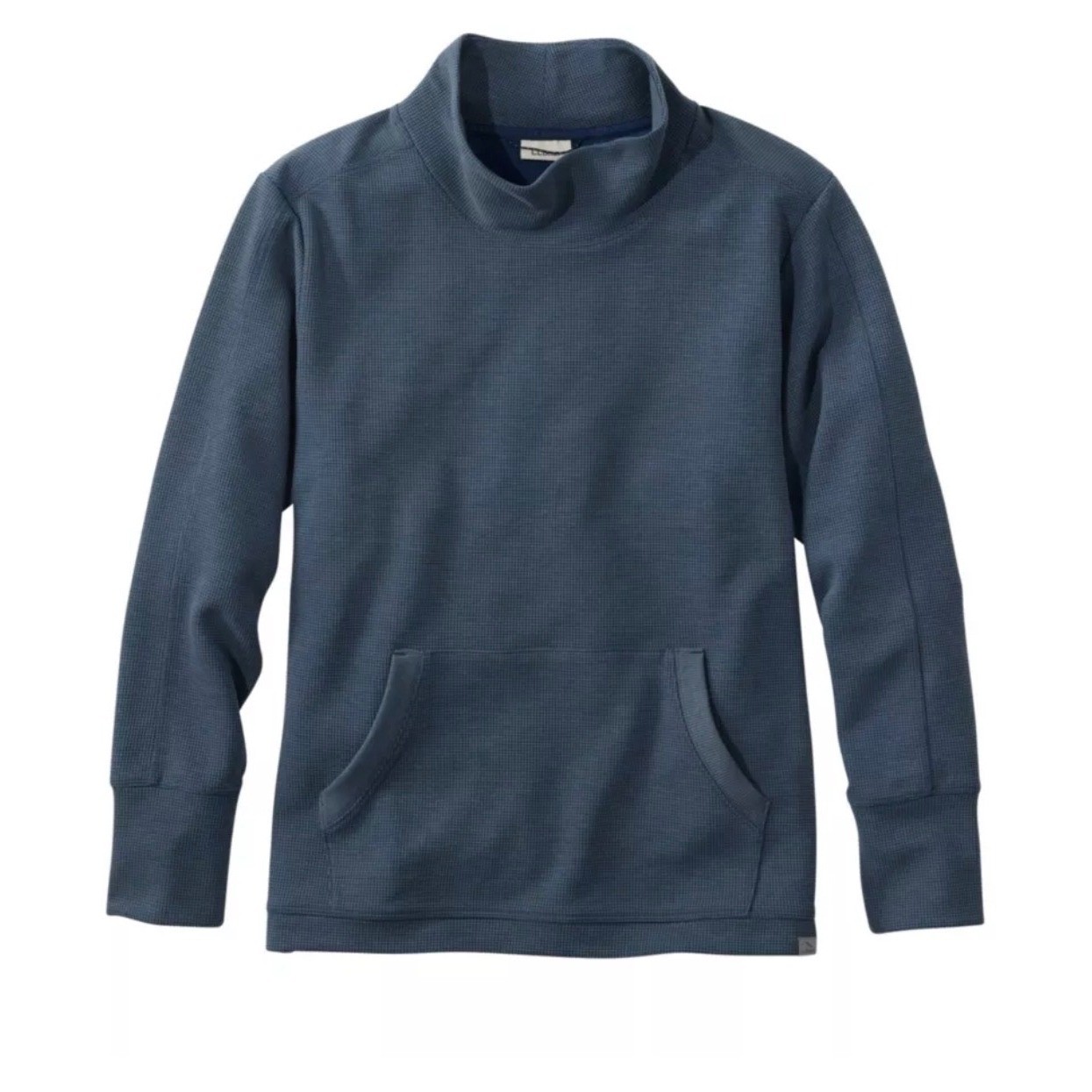 LL Bean Beyond Soft Waffle Pullover Funnel Neck Blue Kangaroo Pocket 526408 L