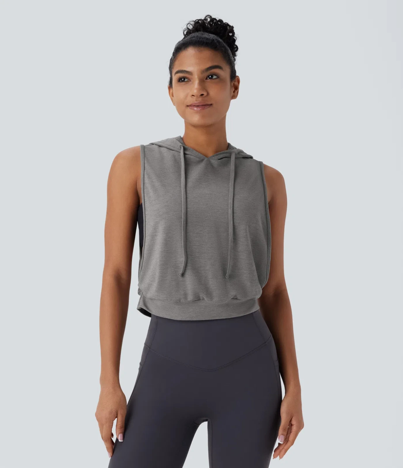 Halara Size Large Gray Hooded Sleeveless Cropped Running Tank Top Drawstring