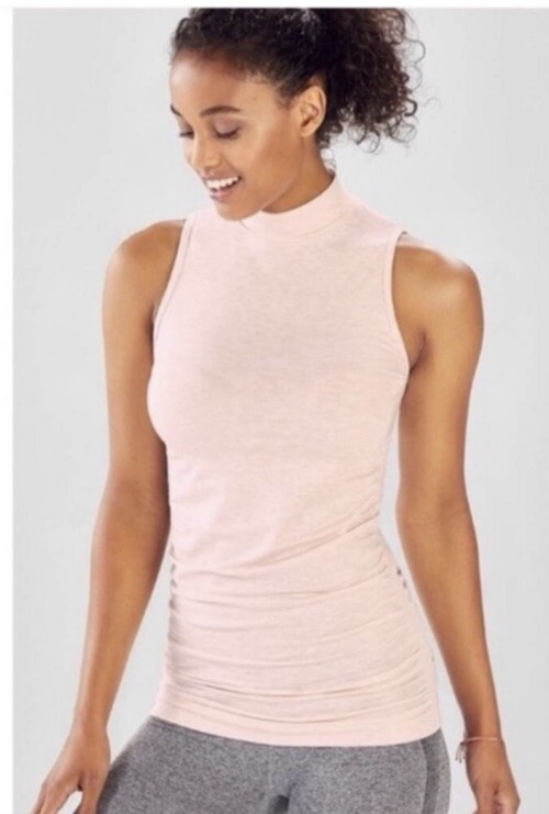 Fabletics Kathie Seamless Mock Neck Bodycon Knit Top Opal Pink Size L Side Ruch