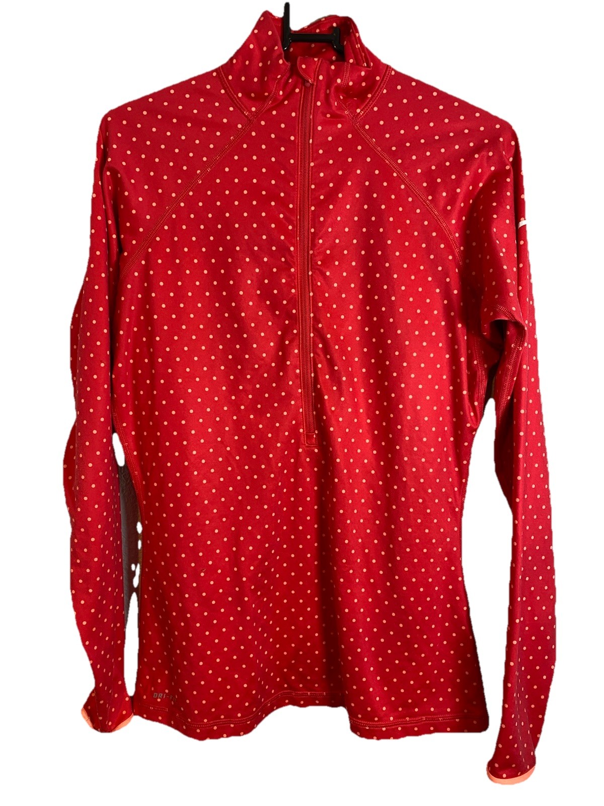 Nike Pro Half Zip Pullover Womens Size Medium Red Polka Dot Dri-Fit Long Sleeve