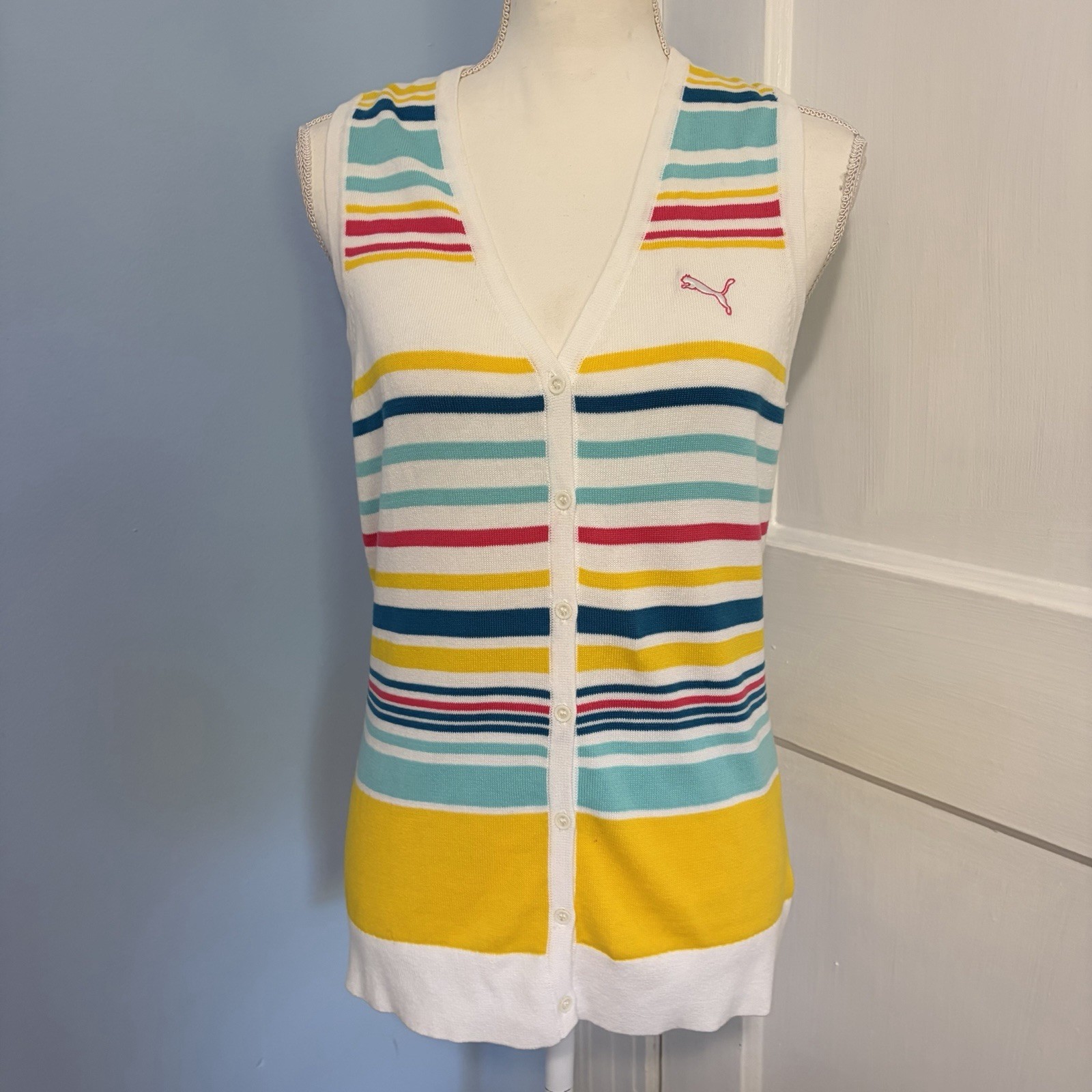Puma Sport Lifestyle 100% Cotton Multicolor Striped Golf Sweater Vest Women’s M