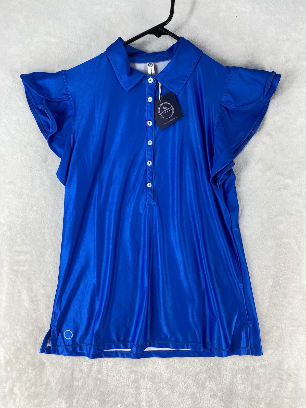 The Bubble Shirt Womens Medium Flutter Sleeve Polo Tennis Golf Top Blue NEW $116