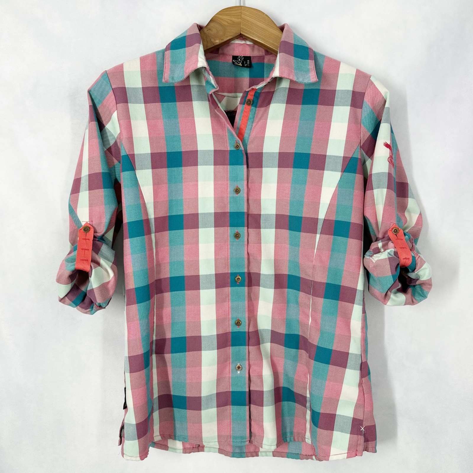 Salewa Therma 2.0 Twill Plaid Pink Teal Button Down Shirt Womens Size Large