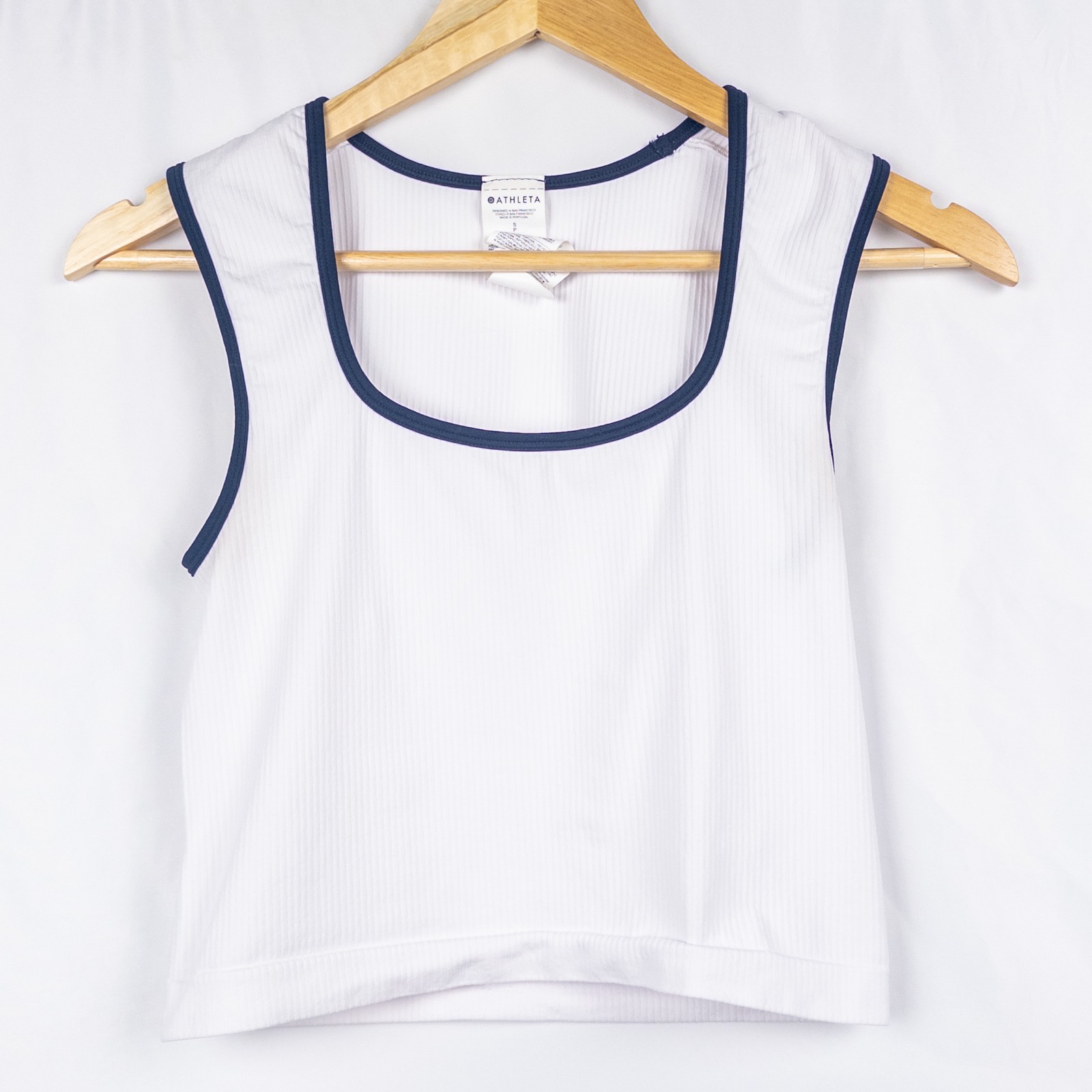 Athleta White Navy Ribbed Crop Tank Top Size S Athletic Fitness Sporty Gym Top