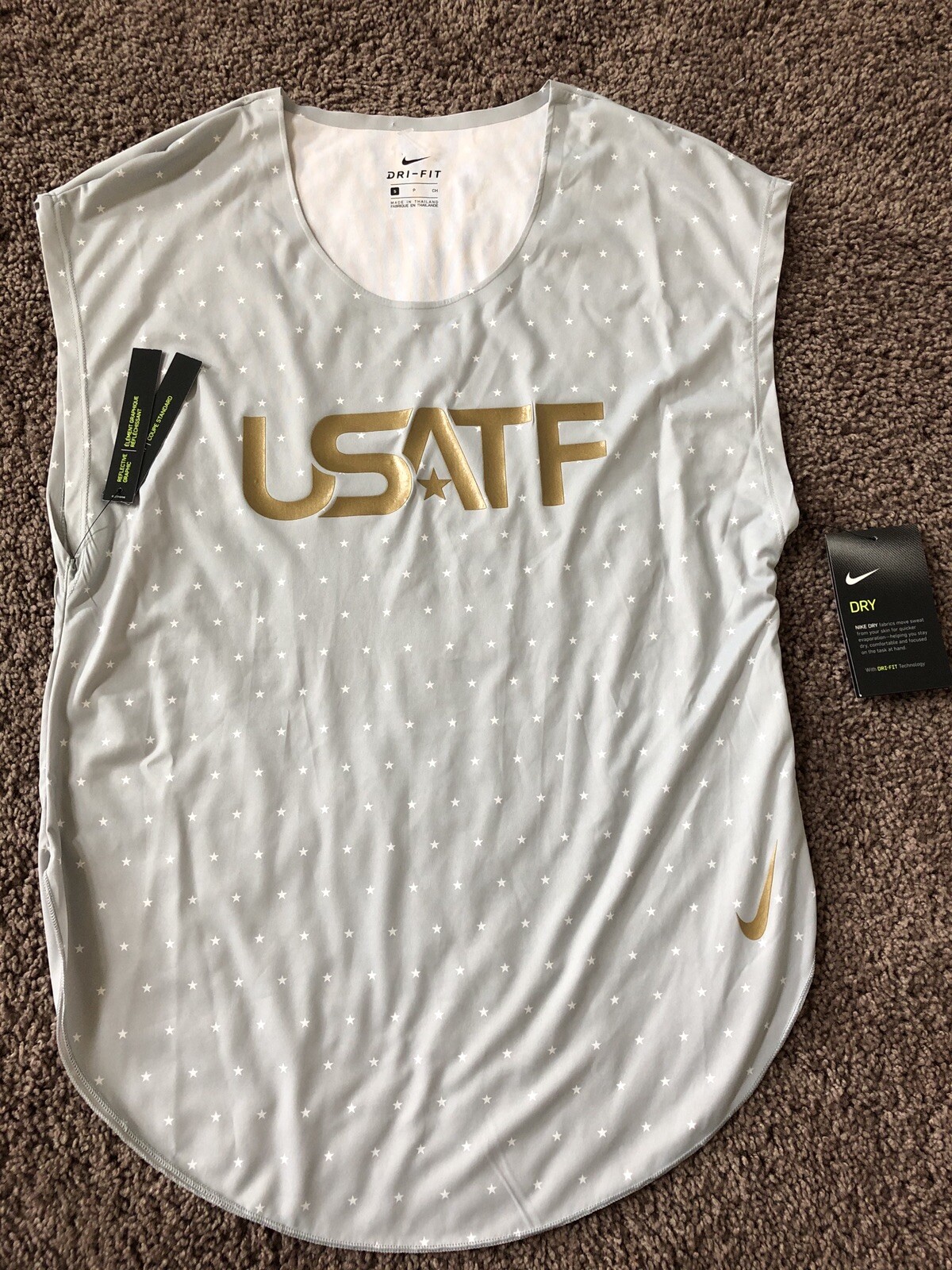 NIKE USATF USA TRACK & FIELD RISE 365 STAR PRINT RUNNING SHIRT SZ- S Grey Gold