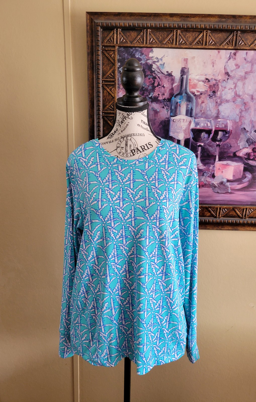 Lulu B Womens Large Blue White Tropical Print Long Sleeve Shirt Resort Wear