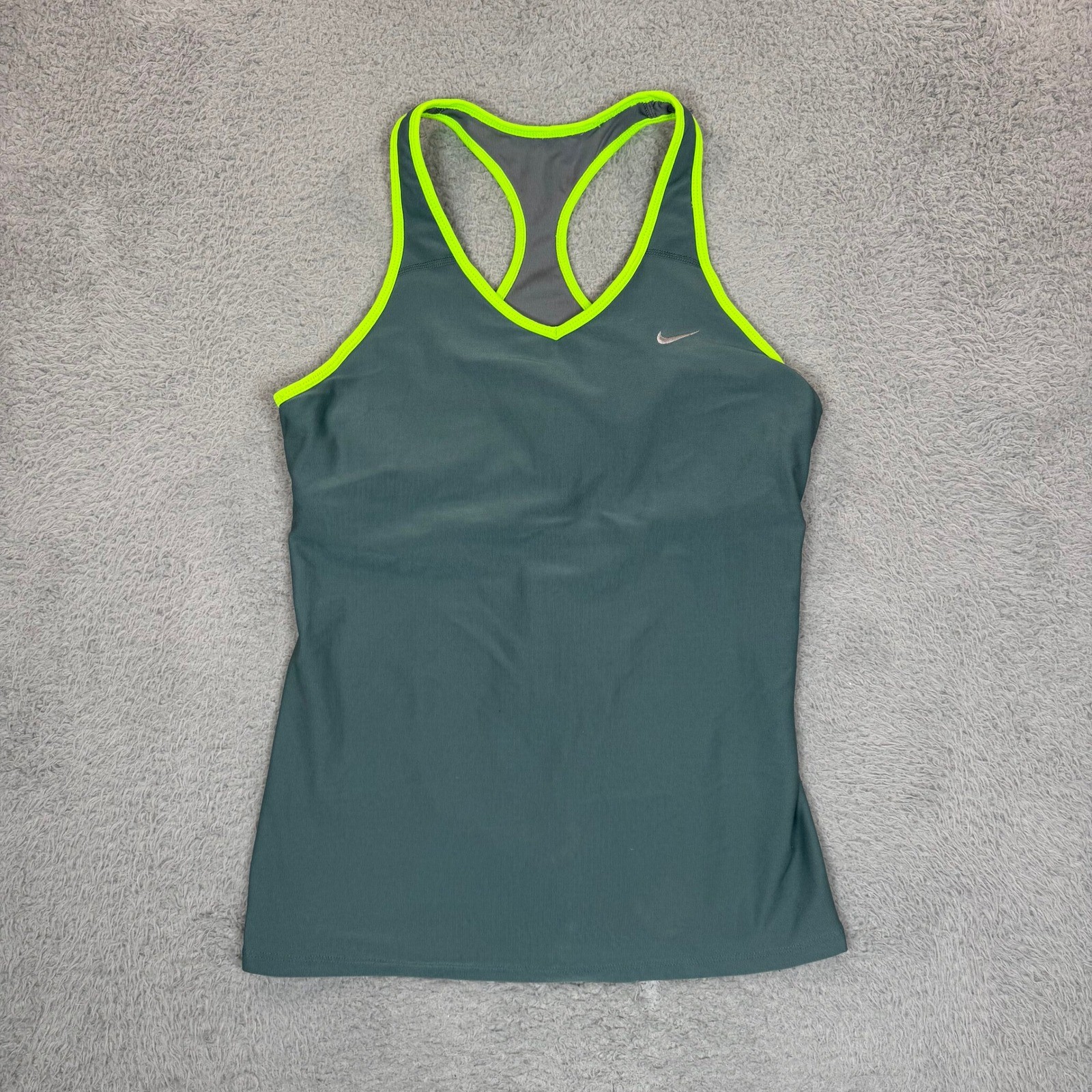 Nike Dri-FIT Womens Racerback Tank Top Teal Neon Green Shelf Bra Pockets Large
