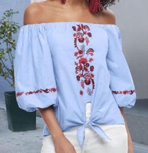 K. Jordan Women’s Chambray Off-Shoulder Top in Blue – 3X
