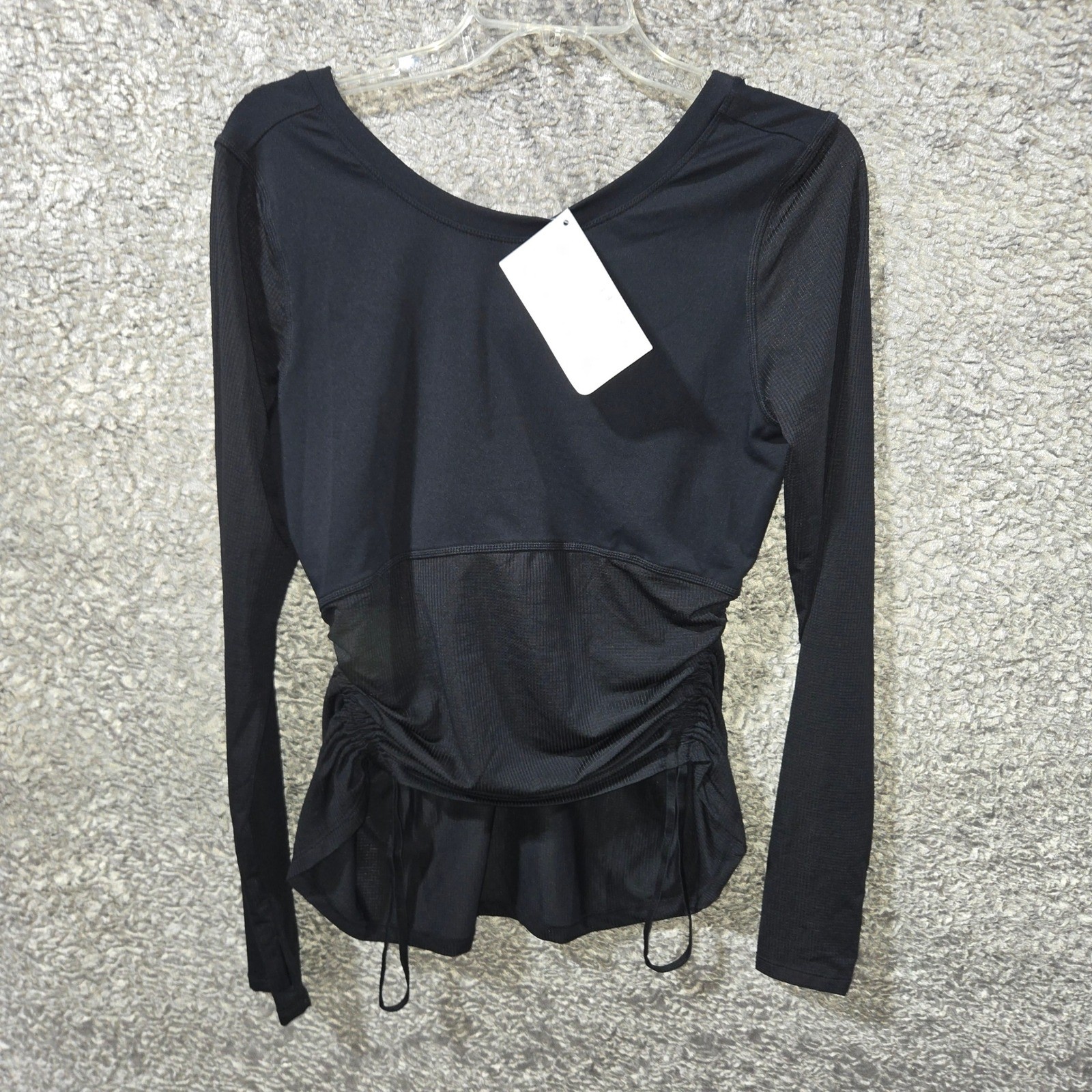 Fabletics Cashel Scoop Back LS Top Black Mesh Drawcord Size Medium NEW