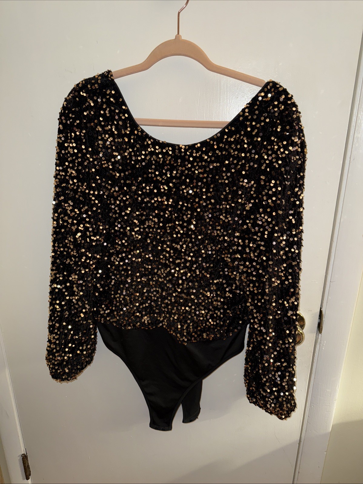 Autumn Slimming Bodysuit Women’s Trend Gold Sequin Black Long Sleeve Top XL