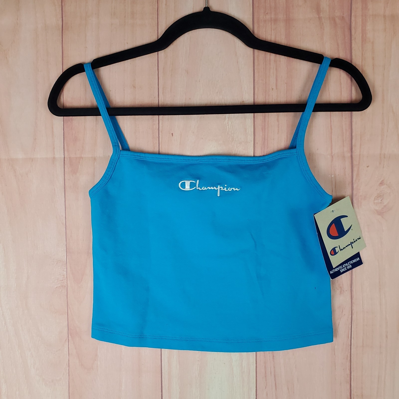 Champion Everyday Cropped Top Womens Small Blue Logo Cotton Stretch Athletic