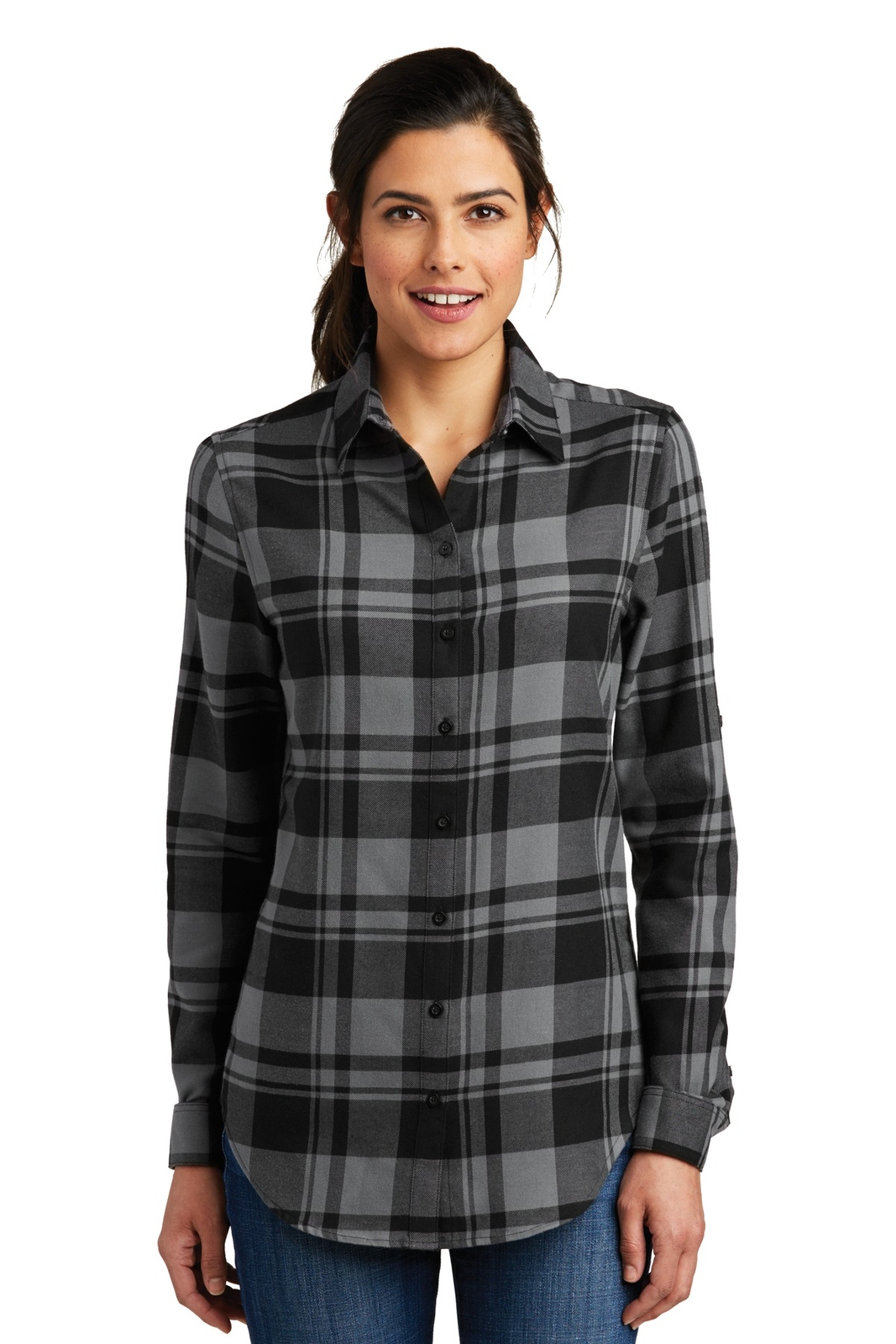 Port Authority Womens Long Sleeve Open Collar Plaid Flannel Stylish Tunic LW668