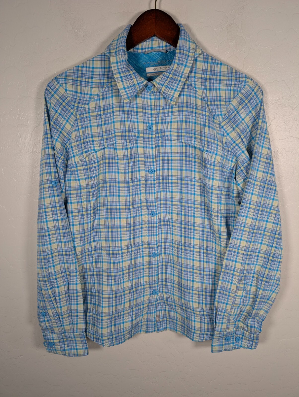 Columbia Shirt Women’s Large Silver Ridge Blue Plaid Long Sleeve Zip Pockets