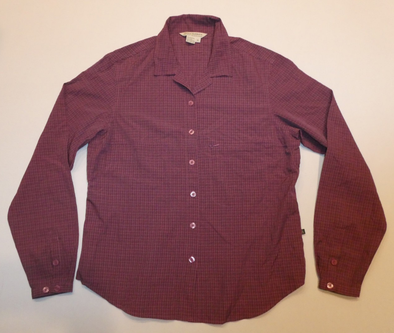 Royal Robbins women’s reddish-pink gridded print button-front hiking shirt Sz M