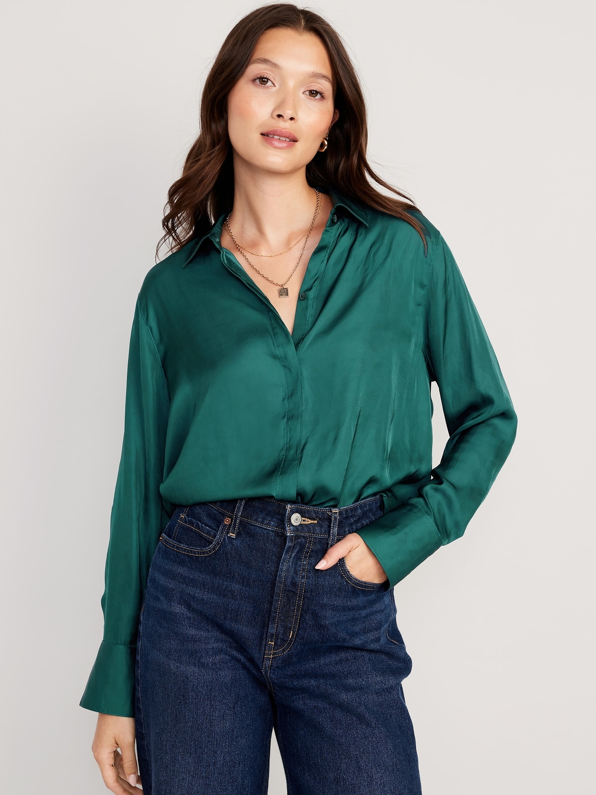 OLD NAVY by Gap~ New! NWT XXL Plus 3X ~ Emerald Loose Boyfriend Satin Shirt b32