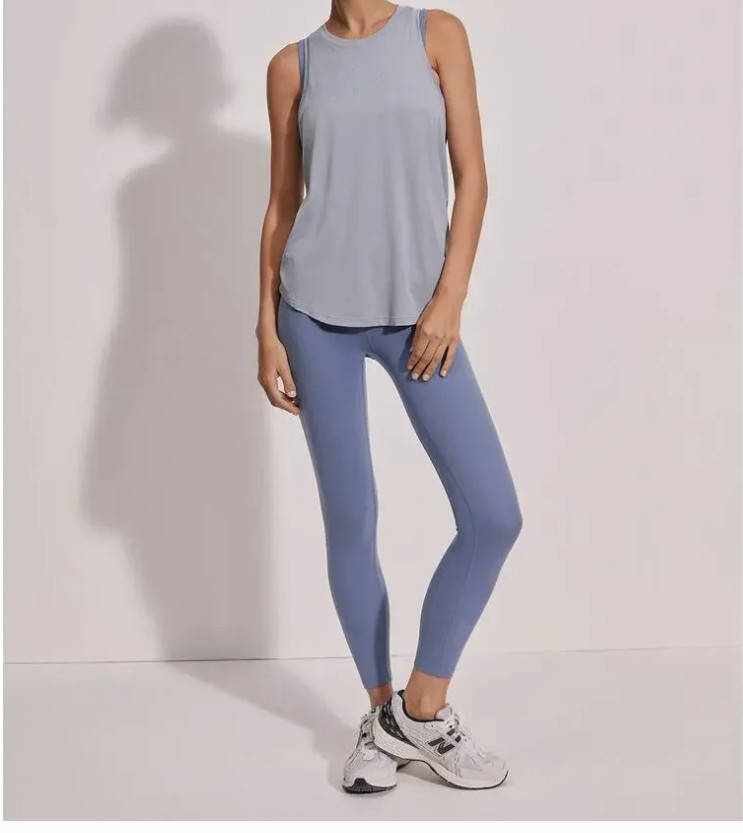 Varley Womens Dacey Longline Tank Light Blue Crew Neck Mesh Active Top Sz S/M