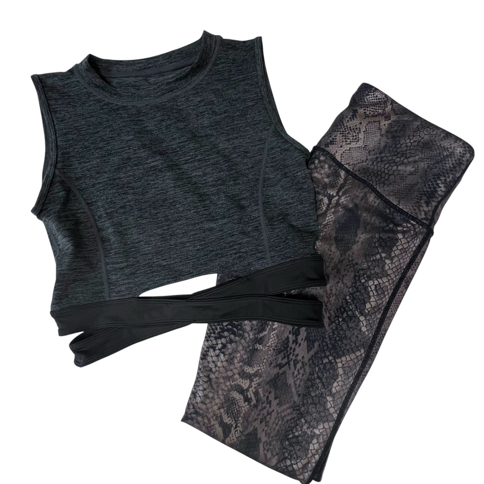 Mono B Womens Small Snake Print Leggings & Gray Crop Top Activewear Yoga bundle