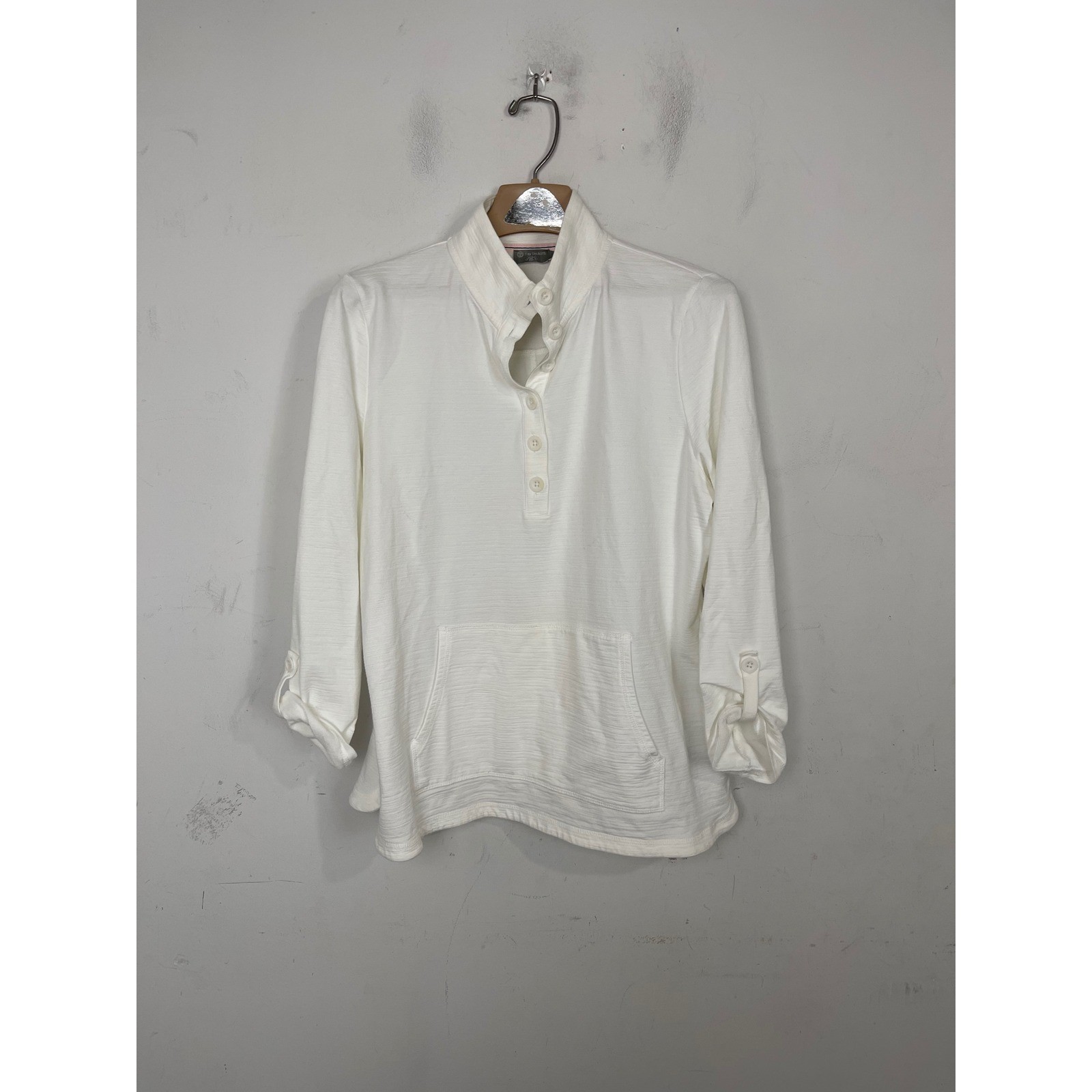 T by Talbots White UPF 50+ Textured Henley Pullover Kangaroo Pocket Petite Large