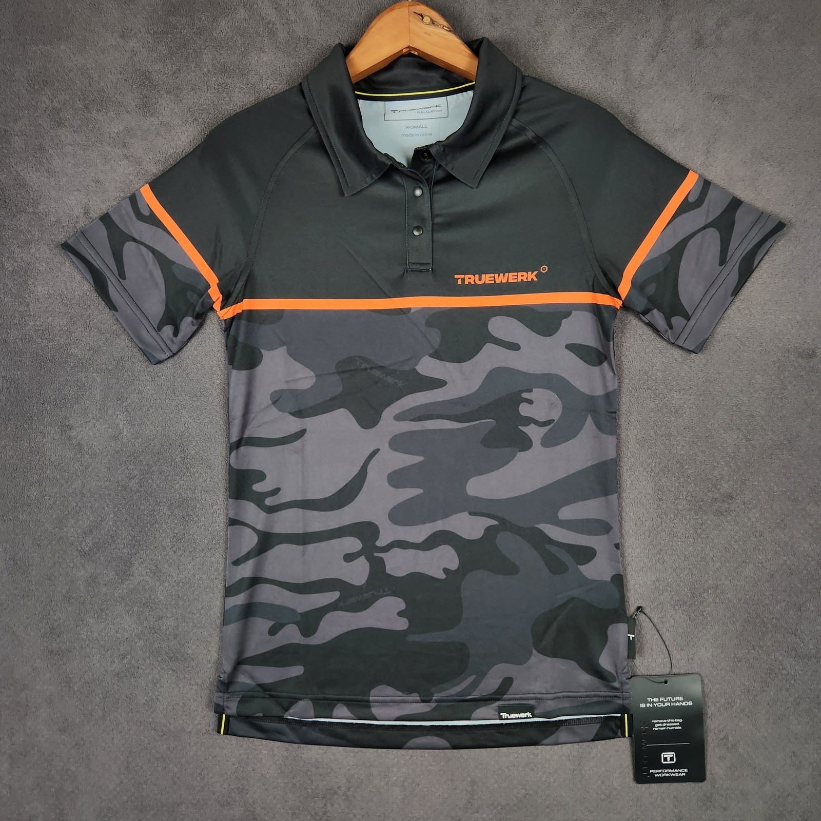 Truewerk T.5 Polo Womens XS Black Gray Camo Orange Short Sleeve Performance NEW