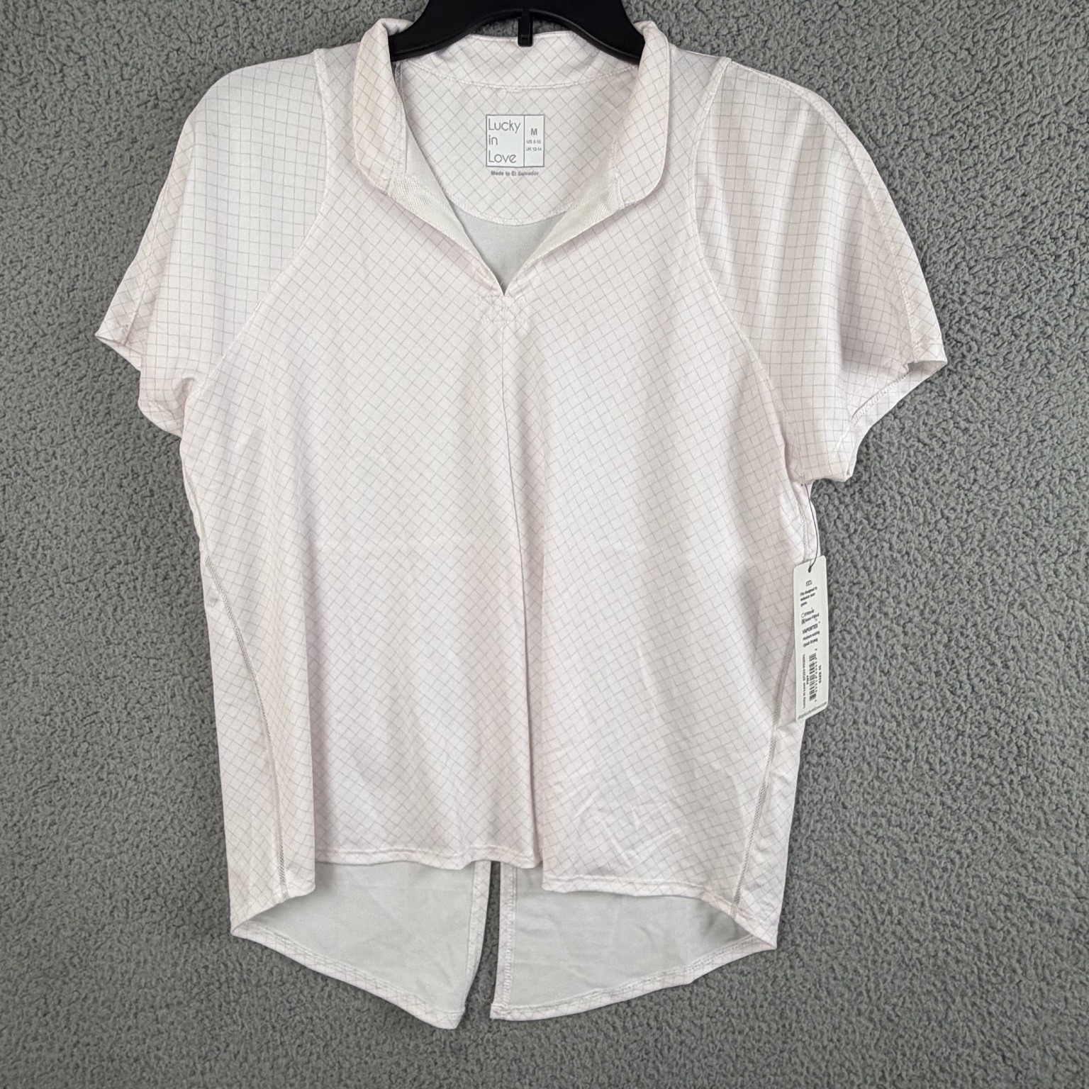 Lucky in Love Women’s Pique Polo Top White Pink Grid M Moisture-Wicking Golf