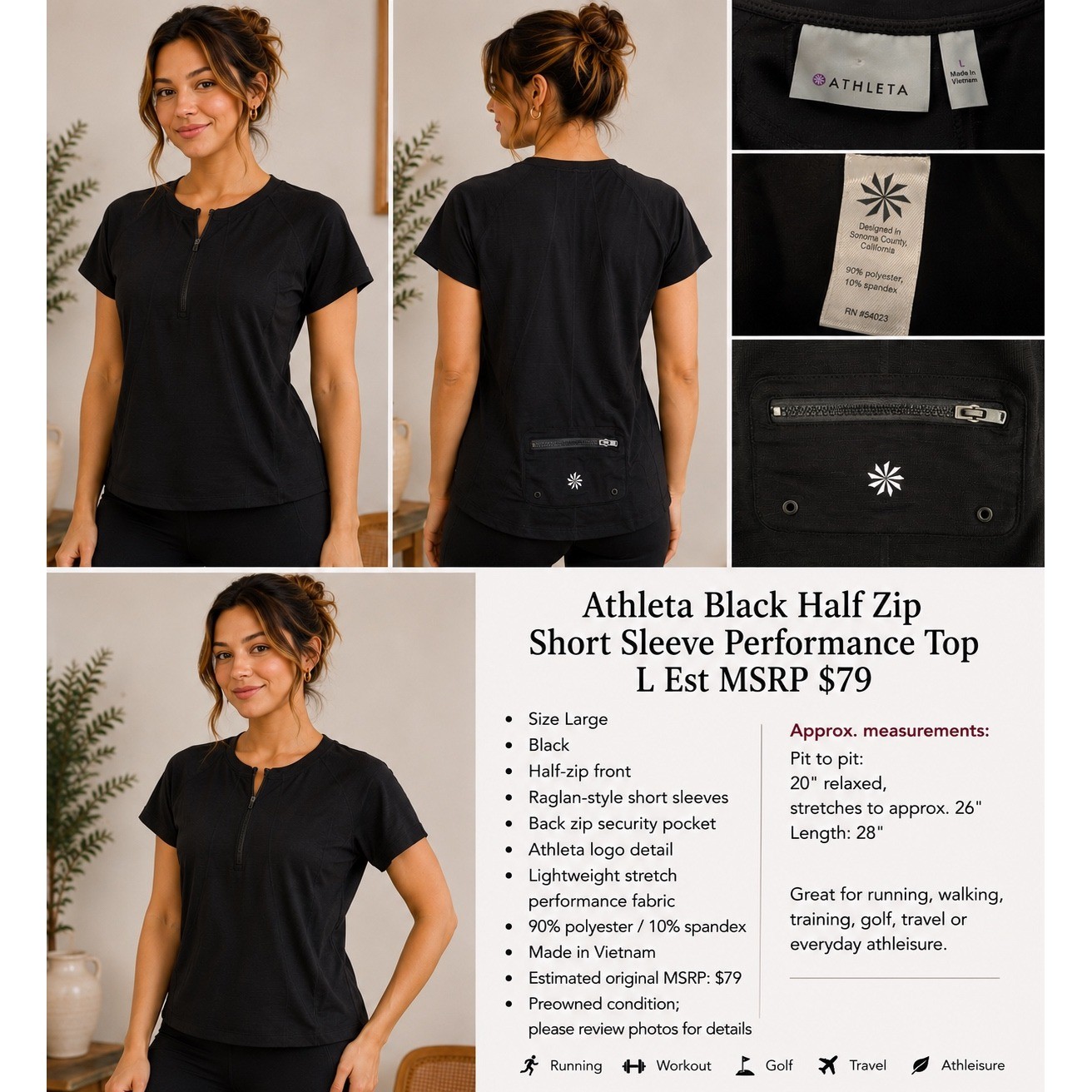 Athleta Black Half Zip Short Sleeve Performance Top L Est MSRP $79