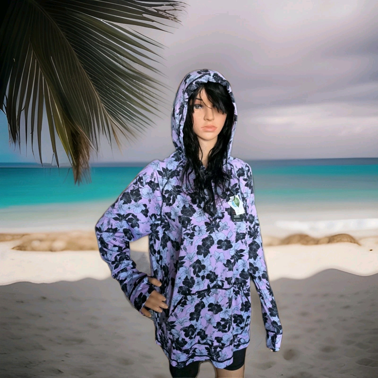 Women’s M Long Sleeve Rash Guard Swim Shirt Hooded Pink Floral CG habitats NWT