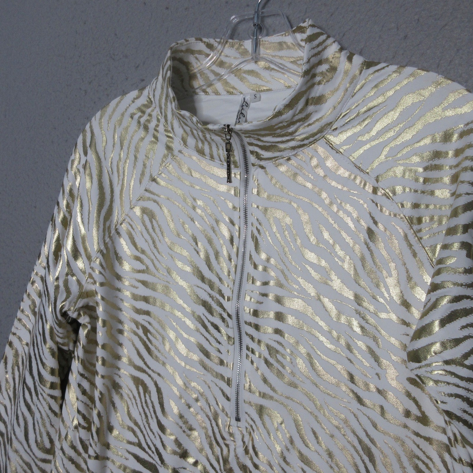 Lulu-B Pullover Gold Zebra Quarter Zip Mock Neck Metallic Resort Statement UPF