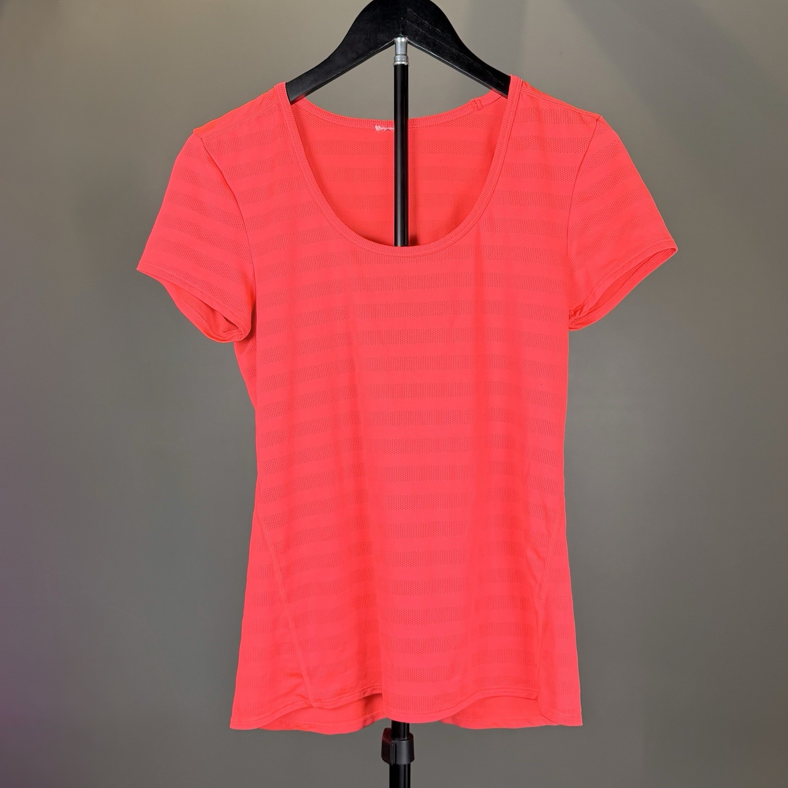 Neon Pink Athletic Performance Top Short Sleeve Stripe Scoop Neck Active Tee