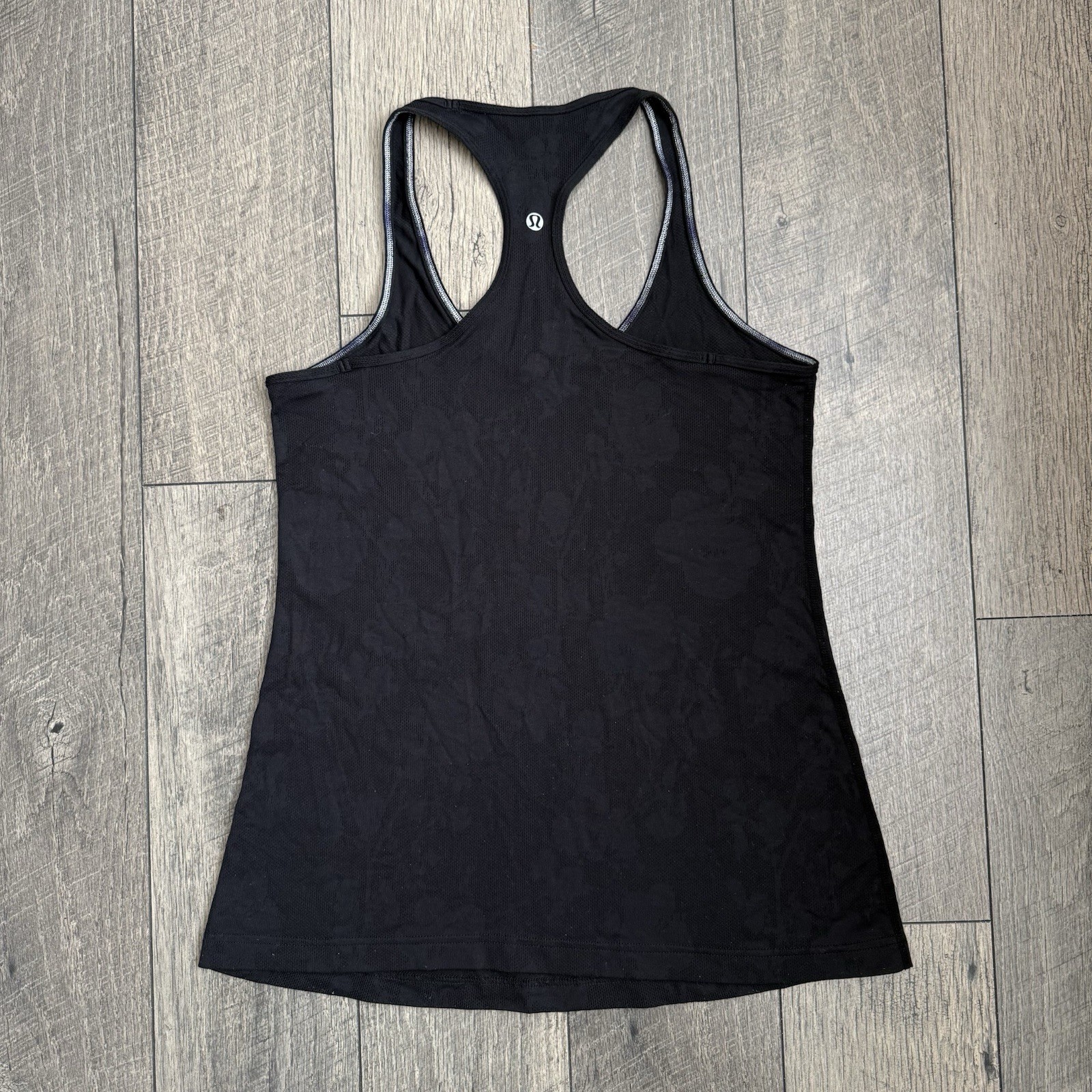 Lululemon Black Racerback Tank Top Floral Mesh Stretch Running Active Women’s 8