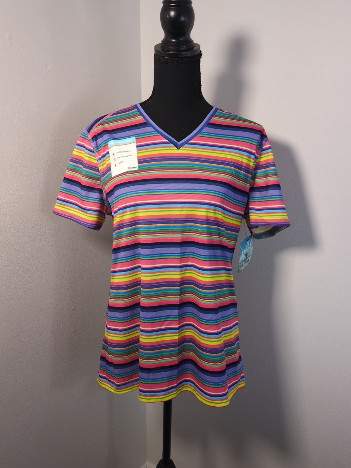 Reel Legends Freeline Performance Tee 30 UPF, Quick Dry, Women’s L, Striped NWT