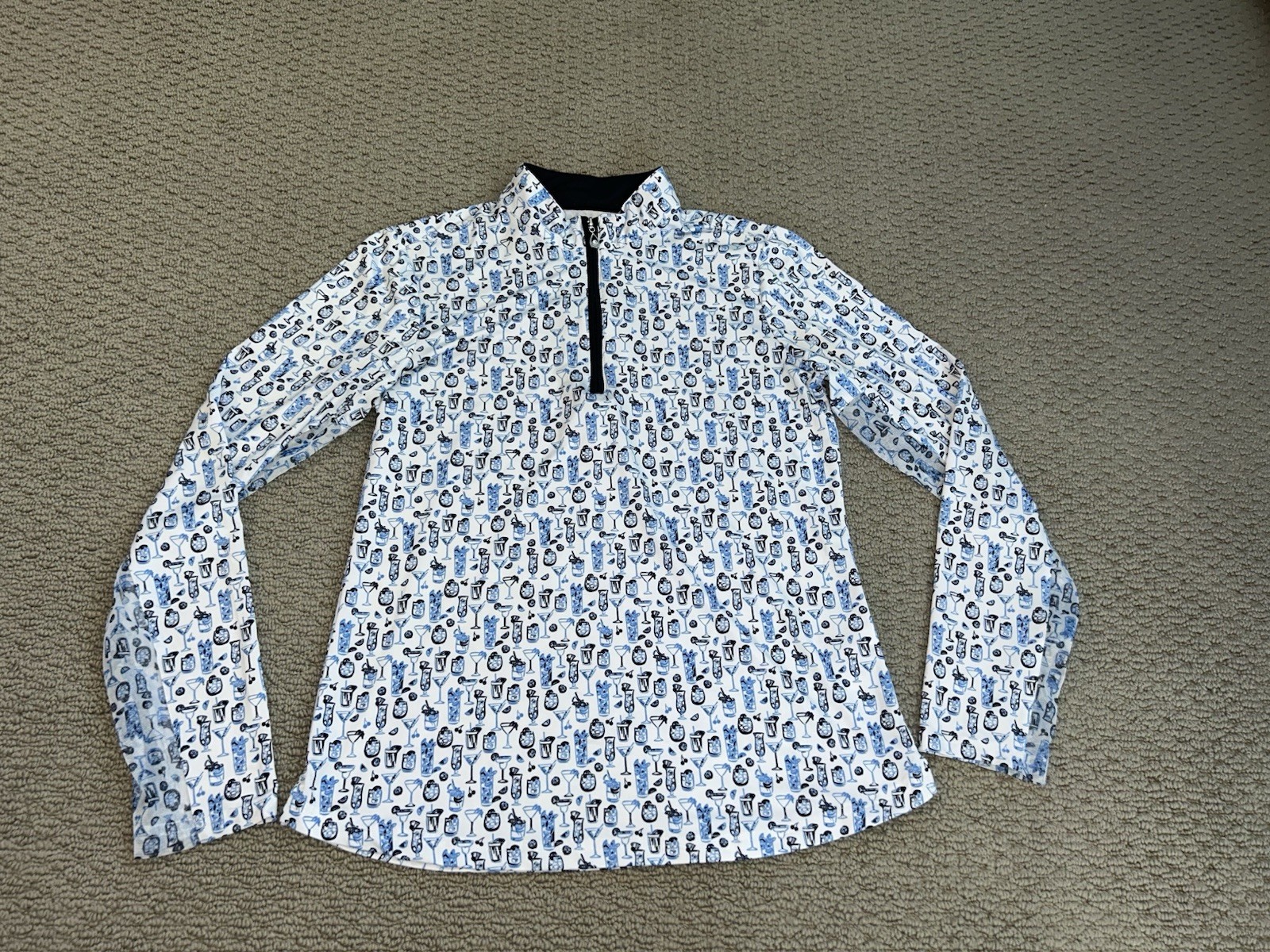 San Soleil SolCool 1/4 Zip Pullover Tiki Print Cocktails Blue Black Size Small