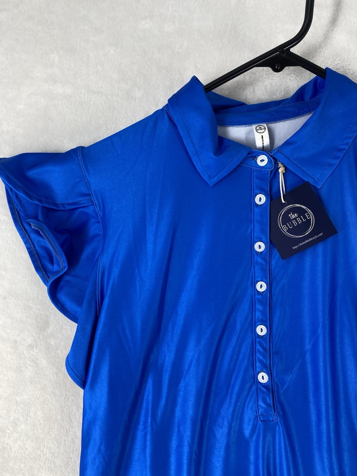 The Bubble Shirt Womens Medium Flutter Sleeve Polo Tennis Golf Top Blue NEW $116