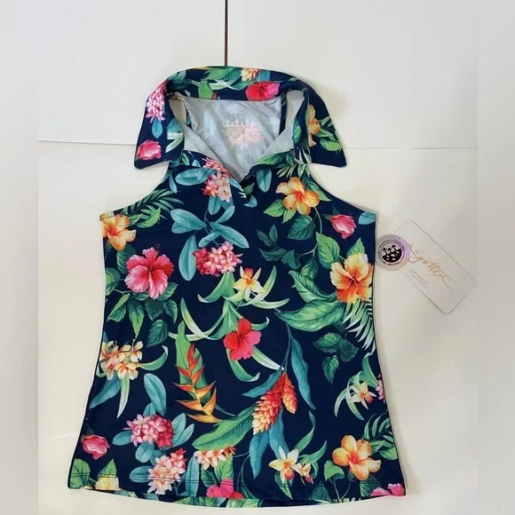 NWT GOTTEX Navy Blue Botanical Racerback Sleeveless Golf Tennis Polo Shirt L XL