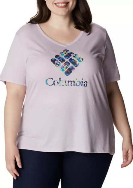 Columbia Women’s Bluebird Day Short Sleeve V-Neck Log T-Shirt, Lilac, 1X