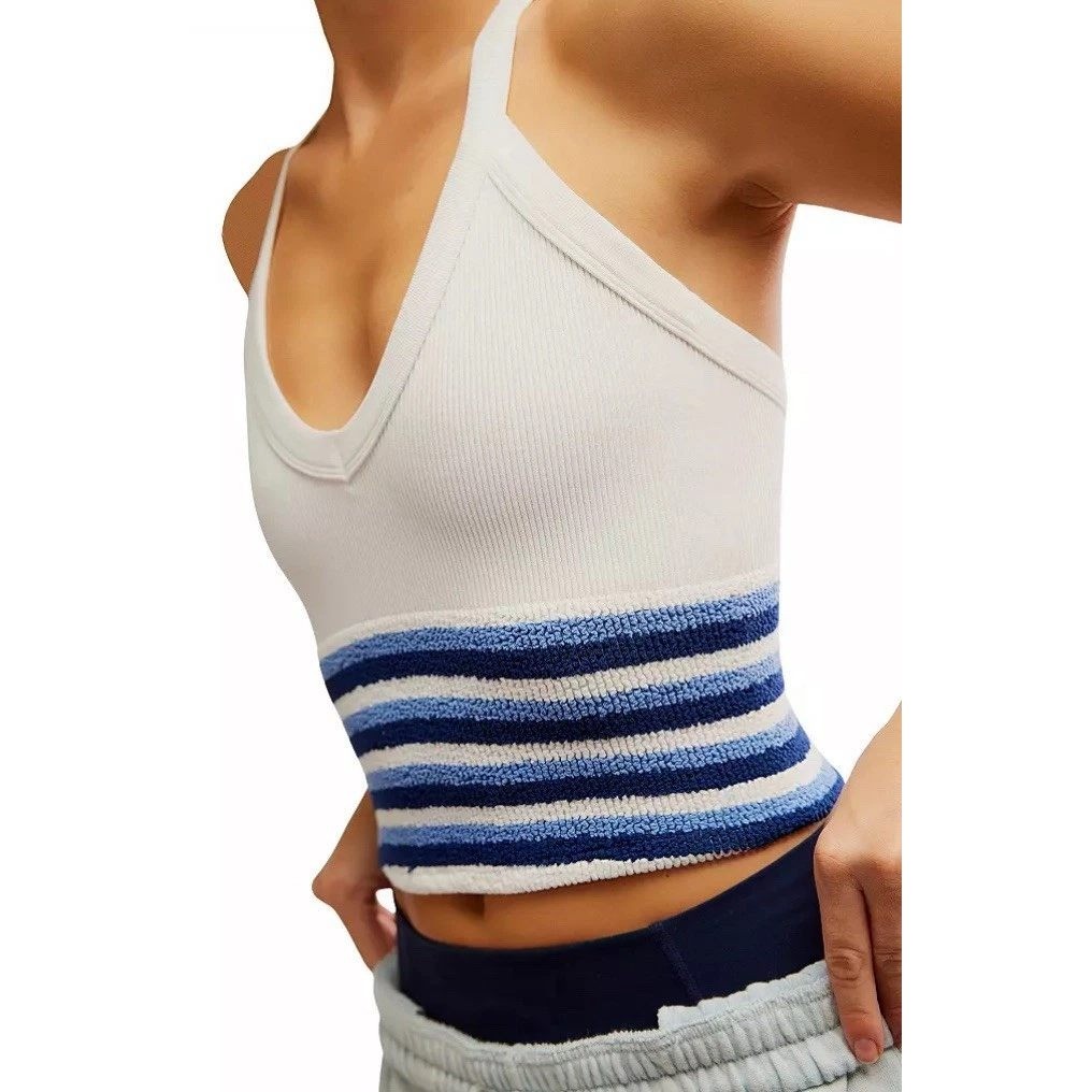 Free People All Clear V Neck Striped Cami Womens M/L White Blue New Ribbed Crop