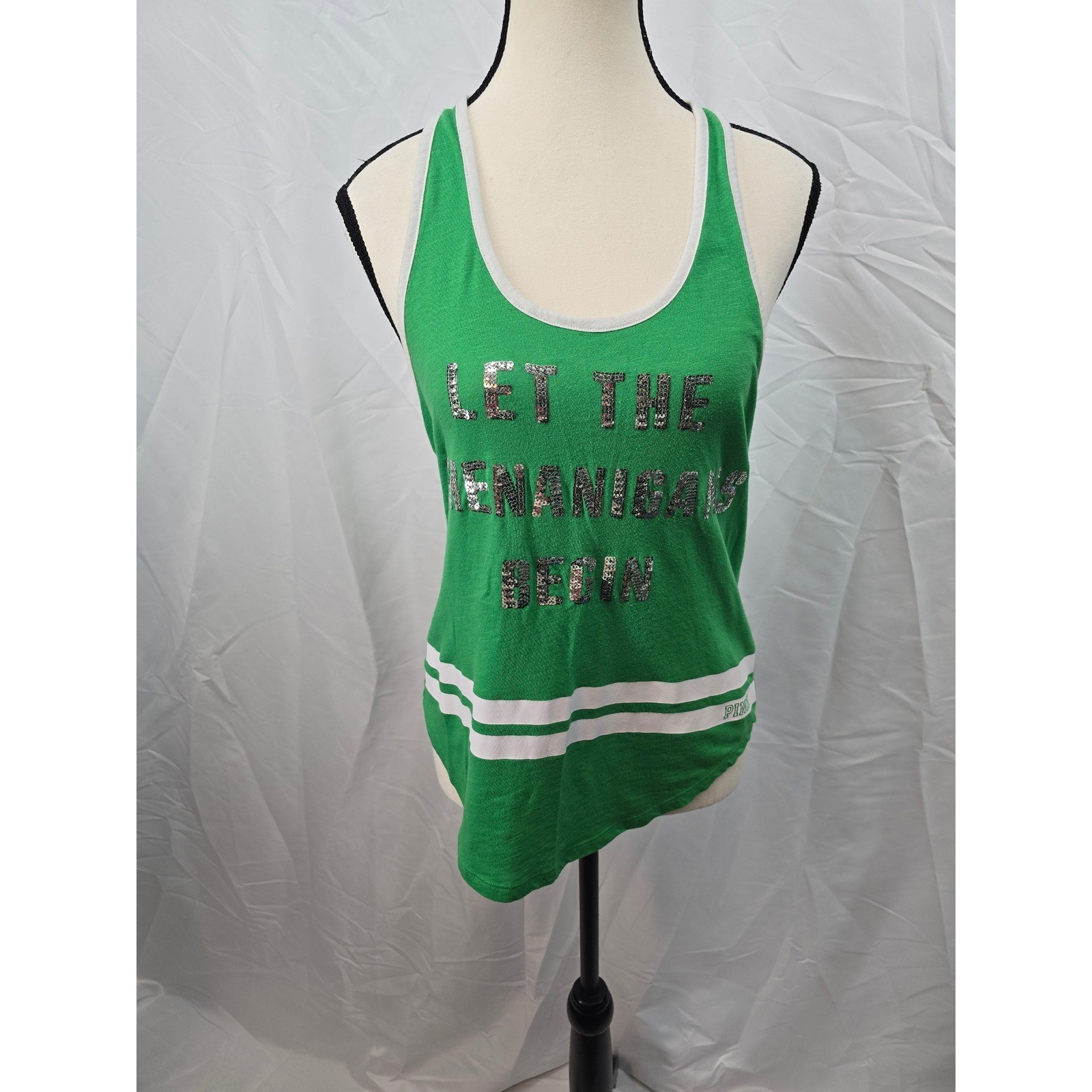 PINK Victorias Secret Green Sequin Let the Shenanigans Begin Racerback Tank S