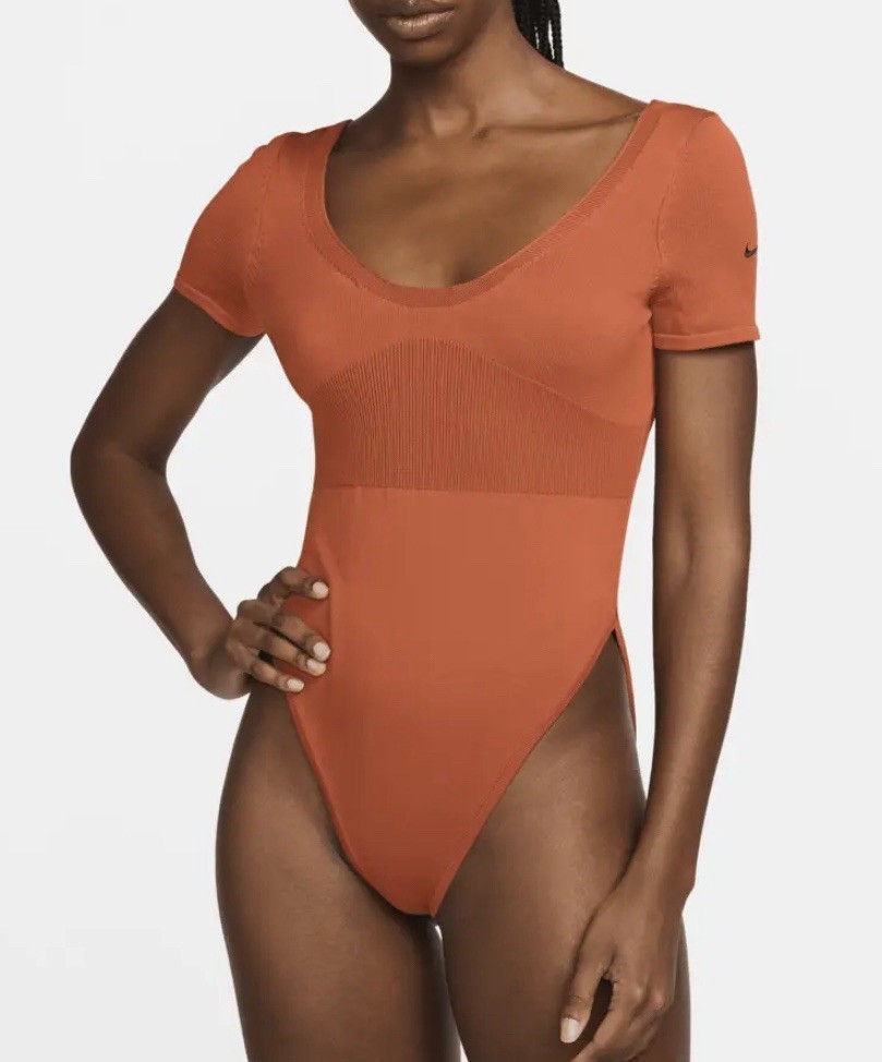 Nike Chill Knit Body Suit Womens Size Small Brick Orange Corset Inspired Ribbed