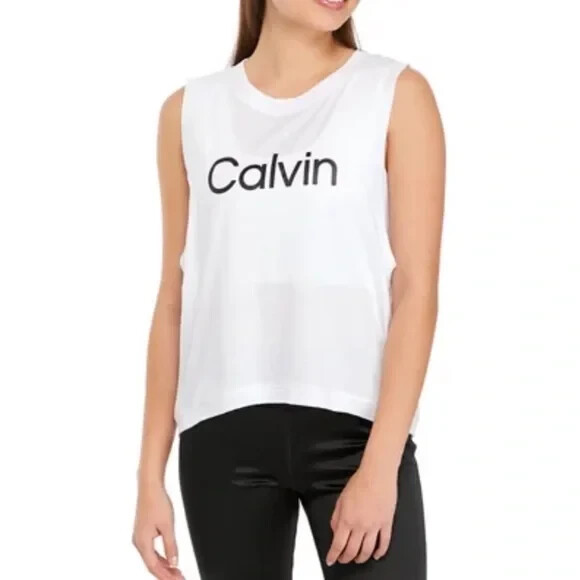 Calvin Klein Women’s Performance Logo Rib Trim Tank in White Size Large