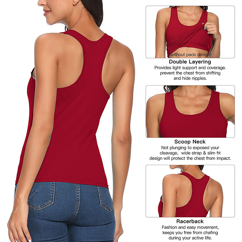 Women’s Solid Basic Scoop Neck Racerback Tank Top With Built in Shelf Bra Shirts