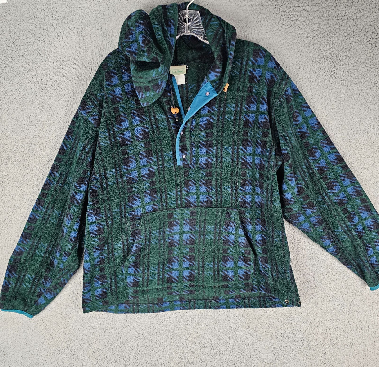 Vintage 90s L.L. Bean Fleece Pullover Womens Green Geometric Hooded Quarter Snap