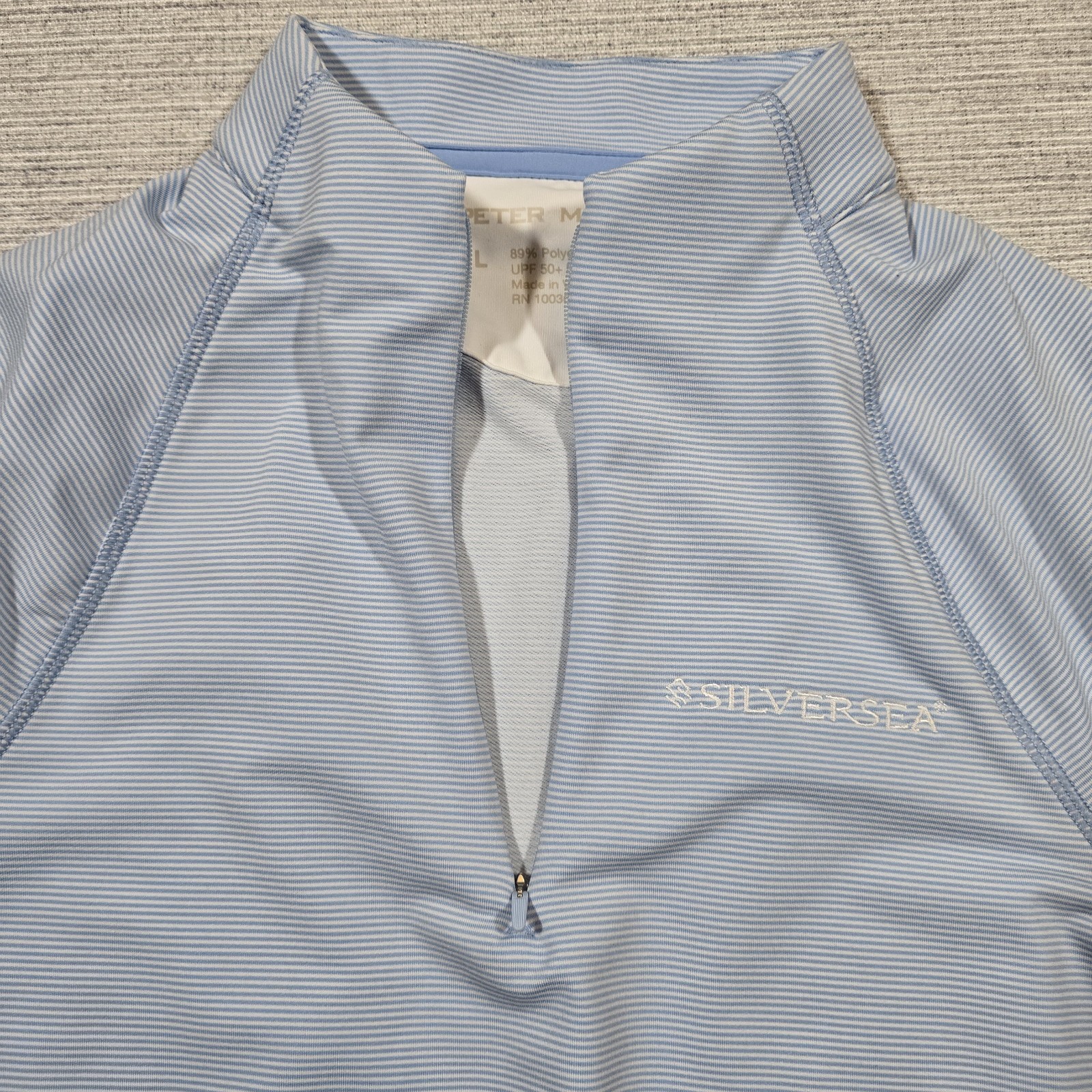 Peter Millar Raglan Perth 1/4 Zip Performance Womens L Blue Stripe UPF50+ Logo