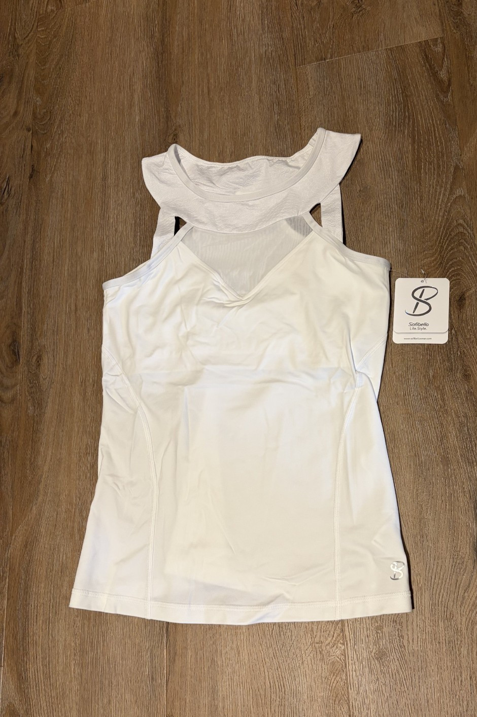 Sofibella RacerTank Top White (Alley Collection) w Mesh Women’s Small