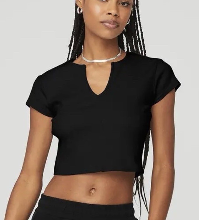 alo yoga black ribbed top Shirt Savvy Short Sleeve