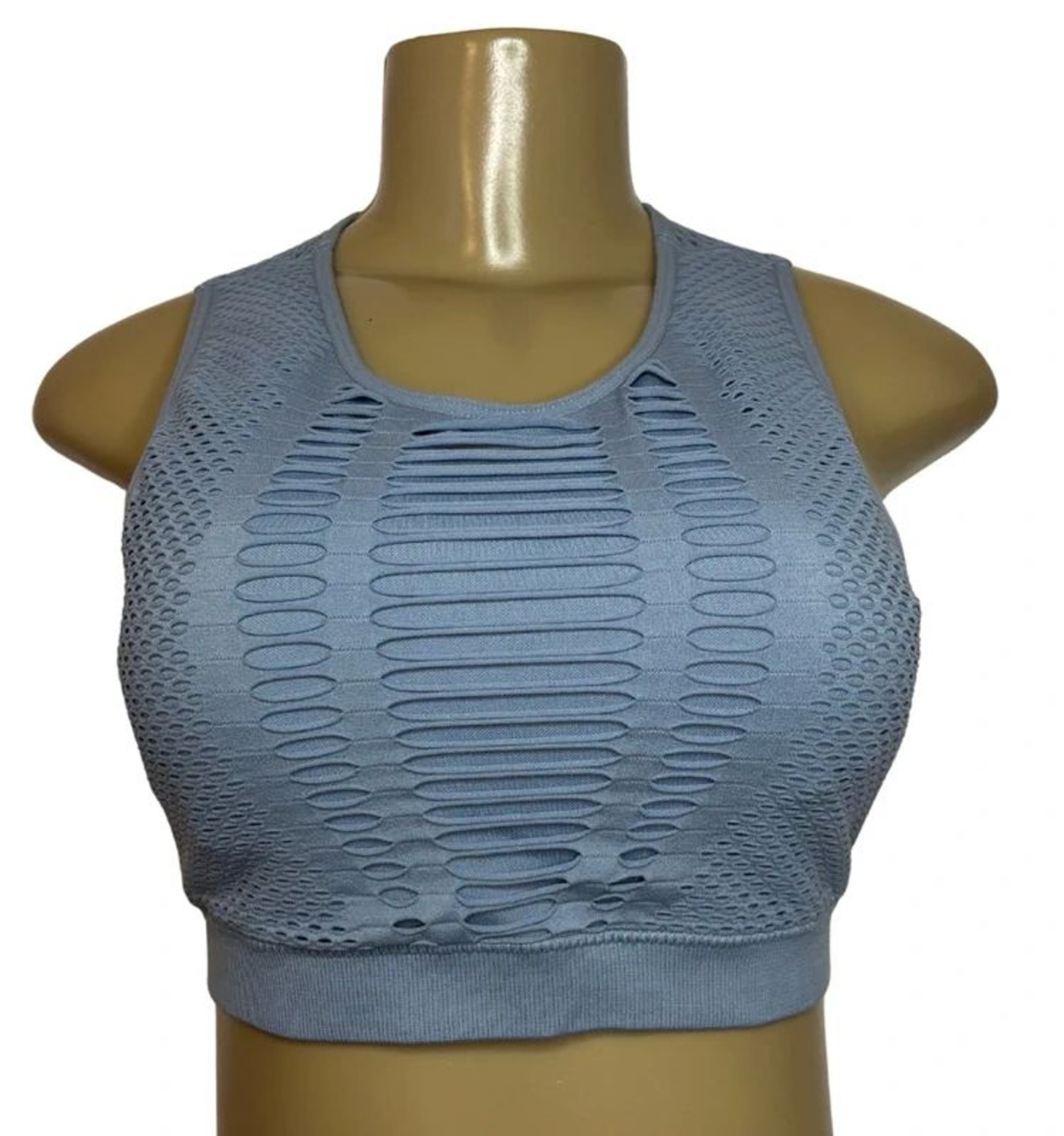 L/XL Dusty Blue Mesh Cut Out Sports Bra Crop Top Racerback Activewear