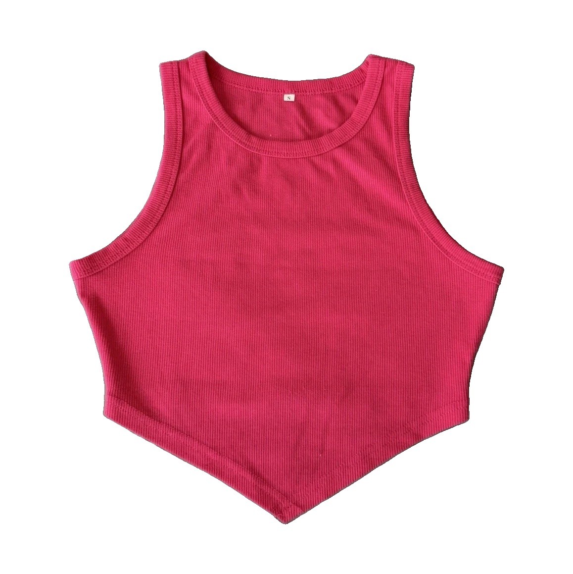 New Women’s Pink Ribbed Cropped Tank Top S Cotton Knit Round Neck Wide Strap