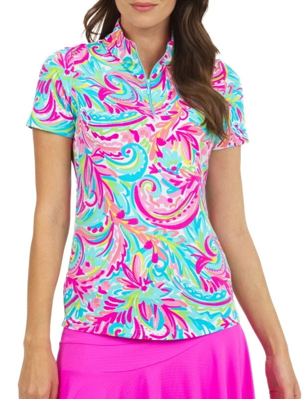IBKUL Aubrey Mock Neck Zip Top Size S L Short Sleeve Blue Pink Womens Golf NEW