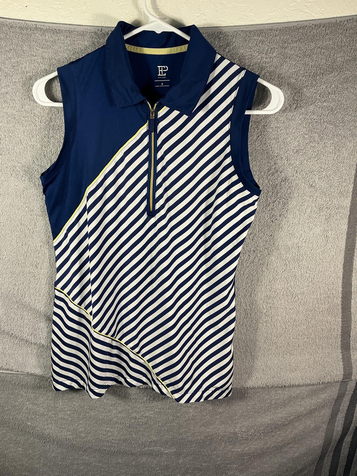 EP New York Golf Polo Shirt Womens Small Blue White Stripe Zip Sleeveless Top