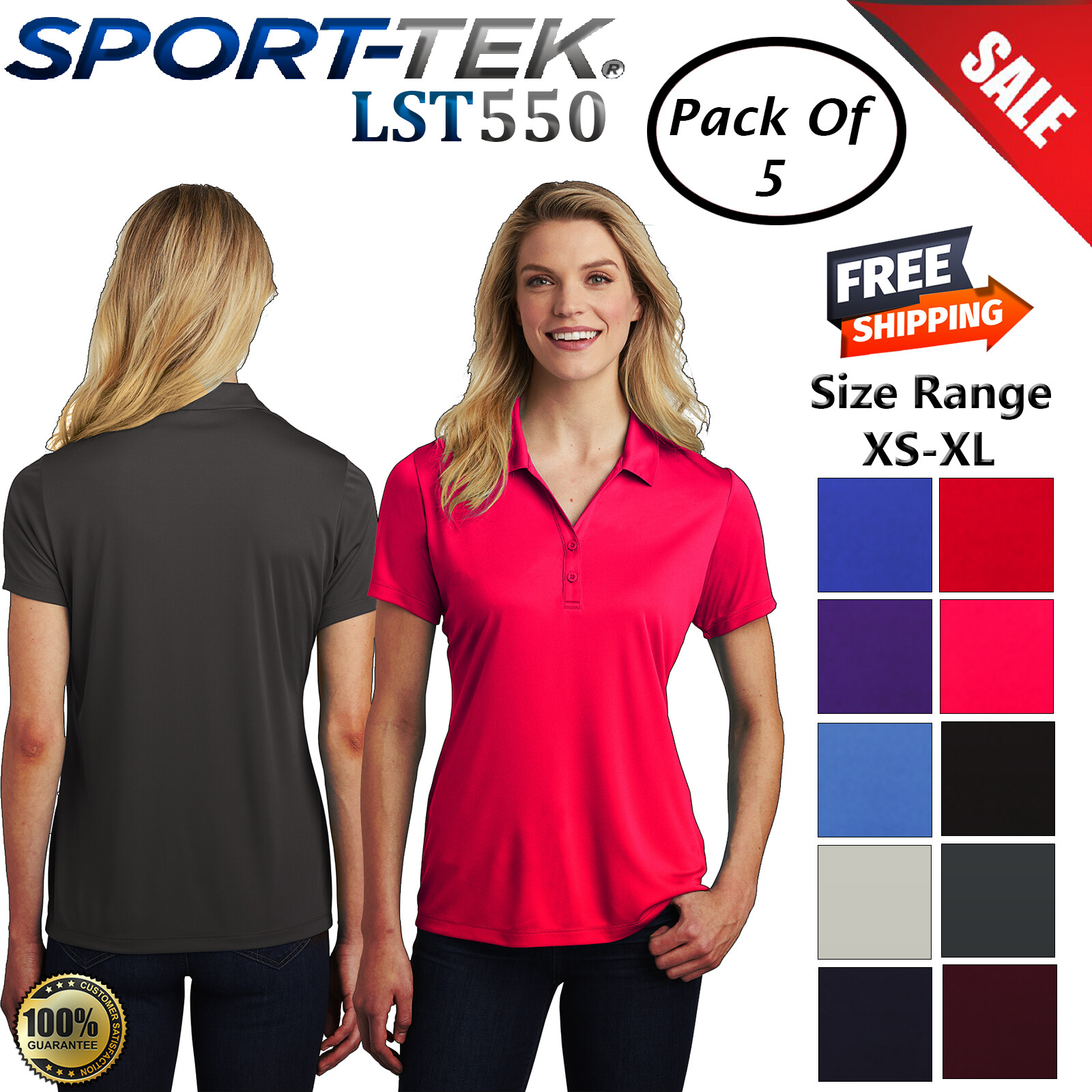 Pack Of 5 Sport-Tek LST550 Womens Short Sleeve PosiCharge Competitor Polo Shirt