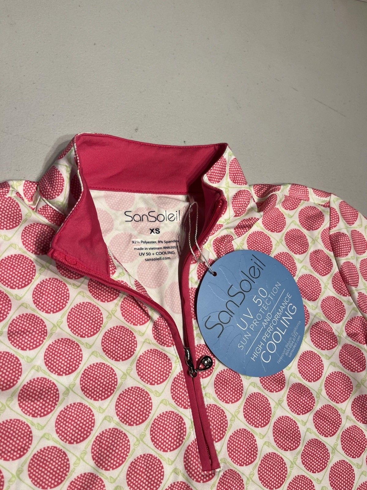 NEW San Soleil Shirt Women’s XS Pink Green White Golf Print 1/4 Zip Pullover UPF